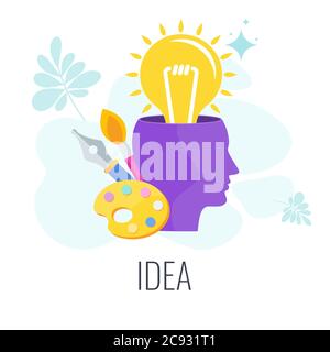 Lamp pops out of the human head. Trendy flat vector style. Stock Vector