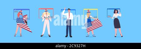 set people with usa flags celebrating 4th of july independence day celebration concept men women in web browser windows full length horizontal vector illustration Stock Vector