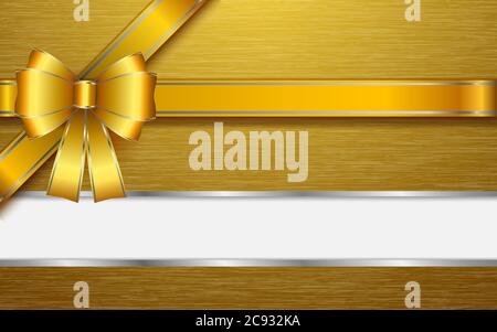 gold ribbon and gold bow on the gold aluminum plate Stock Vector