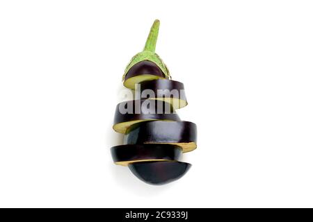 Fresh raw purple Eggplant isolated on white background Recipes from Eggplant Flat lay Top view Mock up Rustic style Creative concept Stock Photo