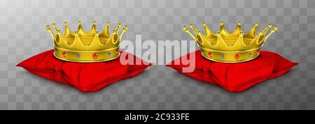 Gold royal crown for king and queen on red pillow. Vector realistic luxury golden corona with gems, medieval diadem for prince, princess or emperor on cushion isolated on transparent background Stock Vector
