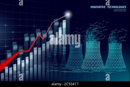 Growing graph nuclear power station cooling tower low poly. 3d render ecology pollution save planet environment concept triangle polygonal Stock Vector