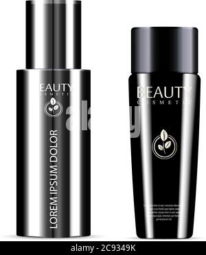 Different Realistic black cosmetic bottles on white background. Cosmetic containers for lotion, shampoo, gel, balsam, conditioner. 3d Vector Illustrat Stock Vector