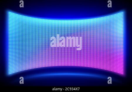 Led concave wall video screen with glowing blue and purple dot lights on black background. Vector illustration of grid pattern for led display on stadium or scene. Digital panel with mesh diode lamps Stock Vector