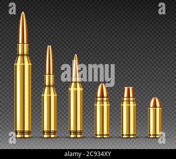 Bullets of different calibers stand in row from big to small. Copper or gold colored shots, military handgun ammo weapon metal gunshots isolated on transparent background, realistic 3d vector set Stock Vector