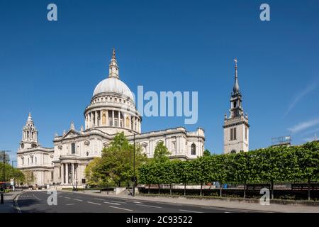 Oblique view of whole cathedral, looking north west from Cannon Street with spire of St. Augustine's. Clear blue sky, shot during Covid 19 lockdown. S Stock Photo