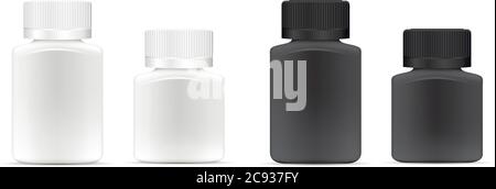 Pills jar. Different width White and black medical container for drugs, diet, nutritional supplements. Vector illustration of square bottle isolated o Stock Vector