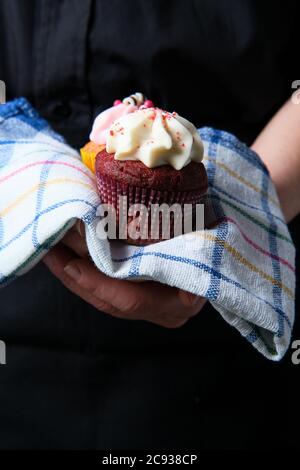 Vertical shot of a person holding two cupcakes on a kitchen towel Stock Photo