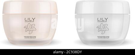 Cream or powder glass cosmetic jars set in white and rose colors. Cosmetics mockup template. Realistic vector illustration with logo design. Stock Vector
