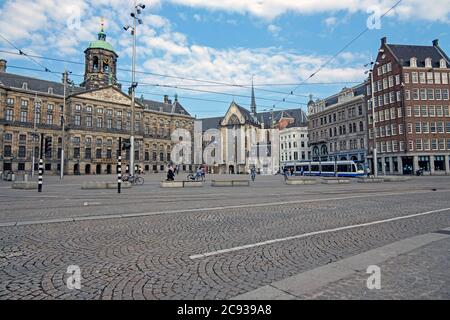 City scenic from Amsterdam at the Dam Square with the Royal Palace in the Netherlands Stock Photo