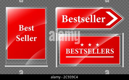 Best seller offer signboards and pointer, red paper or plastic sheet inside of transparent acrylic plexiglass cover, isolated elements for web design or library Realistic 3d vector illustration, icons Stock Vector