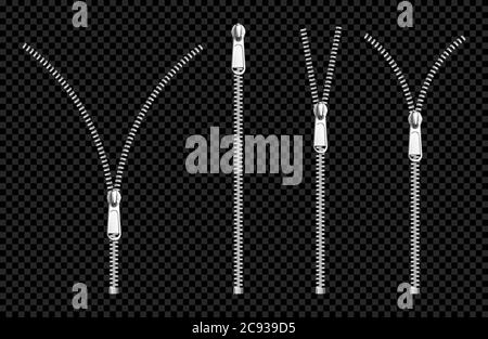 Metal zip fasteners, silver or steel zippers with puller, clothing hardware, apparel accessory, open or close lock for garment isolated on transparent background Realistic 3d vector illustration, set Stock Vector