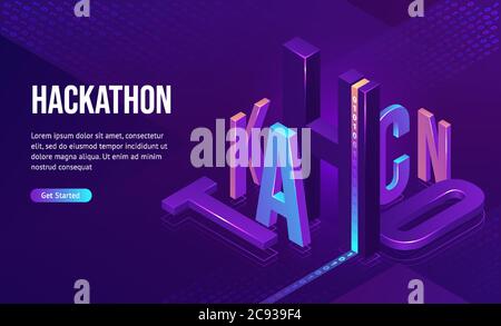Hackathon isometric landing page. 3d typography with binary code on purple neon colored background. Computer software development, coding, adaptive layout, work with data concept, vector web banner Stock Vector