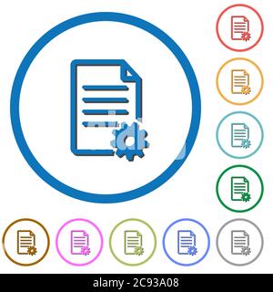 Document setup concept with cogwheel flat color vector icons with shadows in round outlines on white background Stock Vector
