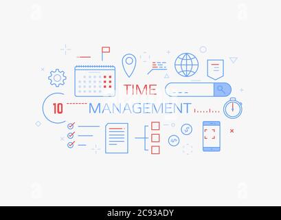 Time management concept banner. Blue and red colors. Time planning and day management. Day schedule and office items, calendar, docs. Modern vector li Stock Vector