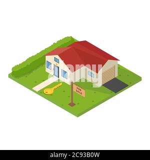 House isometric 3d vector. Isometric view style vector illustration. For sale table. Text wooden plate. Real estate for rent concept. Stock Vector
