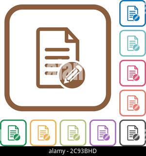 Edit document simple icons in color rounded square frames on white background Stock Vector