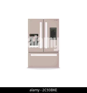Kitchen modern refrigerator with three chambers. Modern technology fridge with display and ice. Big doors and lines. Flat style vector image. House ki Stock Vector
