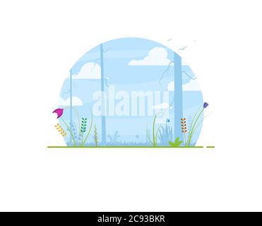 Circle background with spring and summer flowers, trees and blue sky. Clouds and birds on sky background. Spring and summer nature abstract cartoon ve Stock Vector
