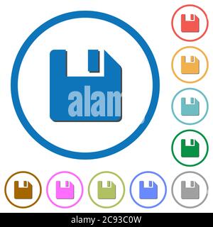 Save data flat color vector icons with shadows in round outlines on white background Stock Vector