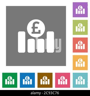 Pound financial graph flat icons on simple color square backgrounds Stock Vector