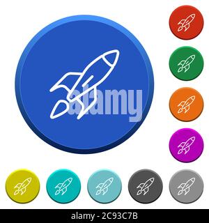 Launched rocket round color beveled buttons with smooth surfaces and flat white icons Stock Vector