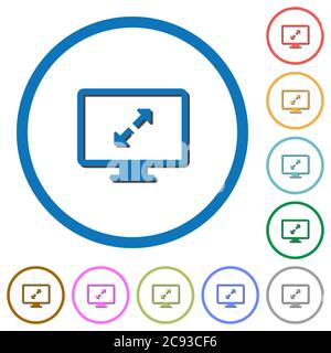 Adjust screen resolution flat color vector icons with shadows in round outlines on white background Stock Vector
