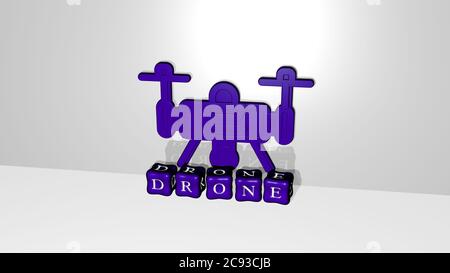 3D graphical image of DRONE vertically along with text built by metallic cubic letters from the top perspective, excellent for the concept presentation and slideshows. aerial and view Stock Photo