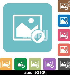 Image tagging white flat icons on color rounded square backgrounds Stock Vector