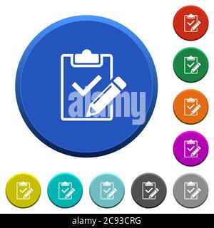 Fill out checklist round color beveled buttons with smooth surfaces and flat white icons Stock Vector