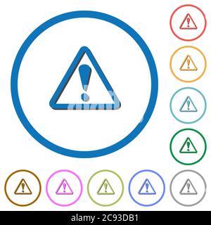 Triangle shaped warning sign flat color vector icons with shadows in round outlines on white background Stock Vector