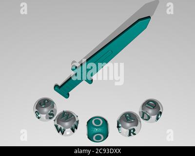 3D graphical image of SWORD vertically along with text built around the icon by metallic cubic letters from the top perspective, excellent for the concept presentation and slideshows. illustration Stock Photo