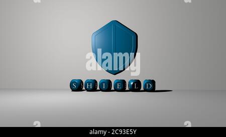 3D graphical image of shield vertically along with text built by metallic cubic letters from the top perspective, excellent for the concept presentation and slideshows. illustration and icon Stock Photo