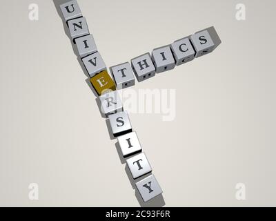 ETHICS UNIVERSITY combined by dice letters and color crossing for the related meanings of the concept. business and illustration. 3D illustration Stock Photo