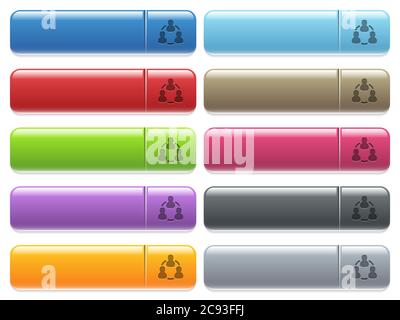 Online users engraved style icons on long, rectangular, glossy color menu buttons. Available copyspaces for menu captions. Stock Vector