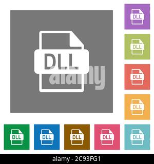 DLL file format flat icons on simple color square backgrounds Stock Vector