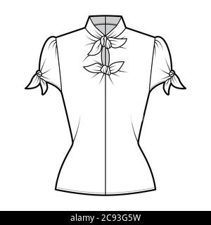 Knotted cutout blouse technical fashion illustration with high neckline, puffed volume sleeves, back zip fastening. Flat apparel template front, white color. Women men unisex garment CAD mockup Stock Vector