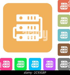 Servers flat icons on rounded square vivid color backgrounds. Stock Vector