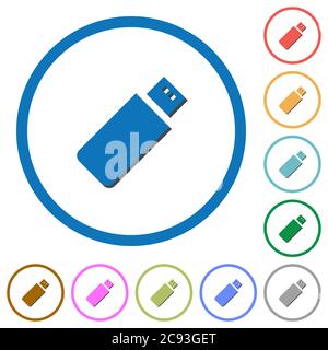 Pendrive flat color vector icons with shadows in round outlines on white background Stock Vector
