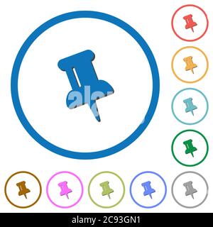 Push pin flat color vector icons with shadows in round outlines on white background Stock Vector