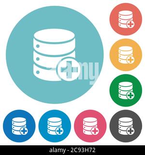 Add to database flat white icons on round color backgrounds Stock Vector