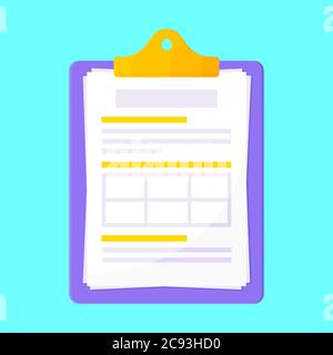 Clipboard with claim form on it, paper sheets isolated on light blue background Stock Vector