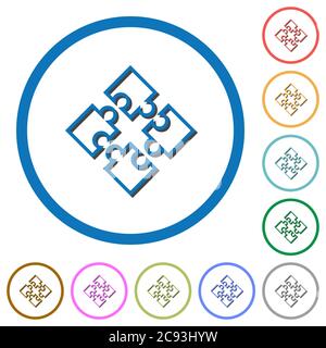Puzzle pieces flat color vector icons with shadows in round outlines on white background Stock Vector