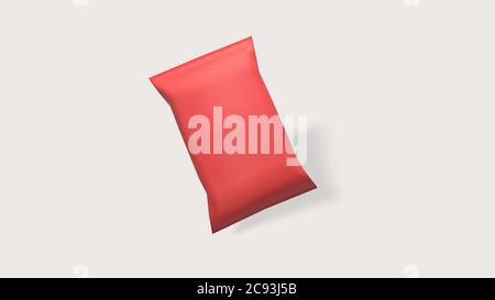 3d render red packaging mock up foil bag for packaging design, mockup for food snack, chips, cookies, peanuts, candy.on white background Stock Photo