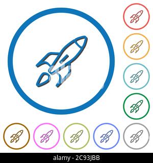 Launched rocket flat color vector icons with shadows in round outlines on white background Stock Vector
