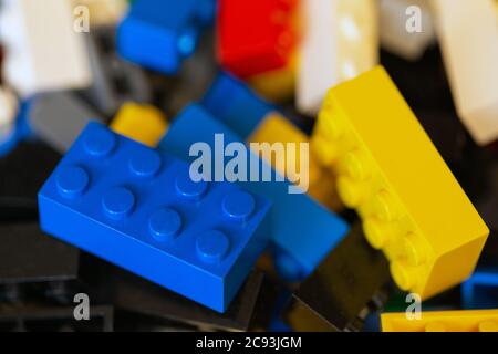 Plastic toy blocks various colored blocks for children. Game for kids construction building with plastic blocks Stock Photo