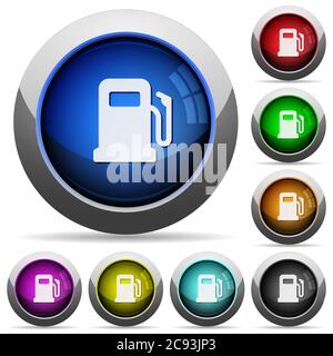Gas station icons in round glossy buttons with steel frames Stock Vector