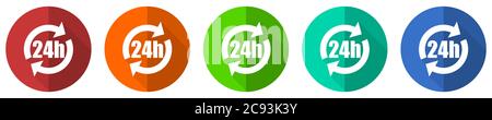 24h icon set, red, blue, green and orange flat design web buttons isolated on white background, vector illustration Stock Vector