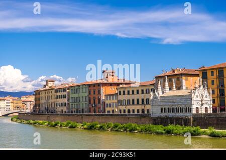 Pisa, Italy - August 14, 2019: Gothic church Santa Maria della Spina on the embankment of the Arno River in Pisa, region of Tuscany, Italy