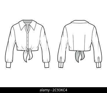 Cropped tie-front shirt technical fashion illustration with oversized collar and long sleeves. Flat apparel blouse template front back, white color. Women, men and unisex top CAD mockup Stock Vector